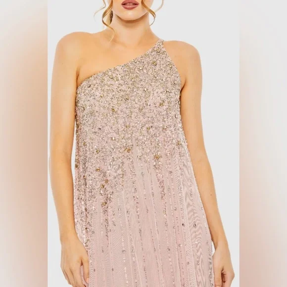 NWT Mac Duggal 9224 Pink One Shoulder Embellished Trapeze A Line Gown Size 14 - Picture 3 of 17